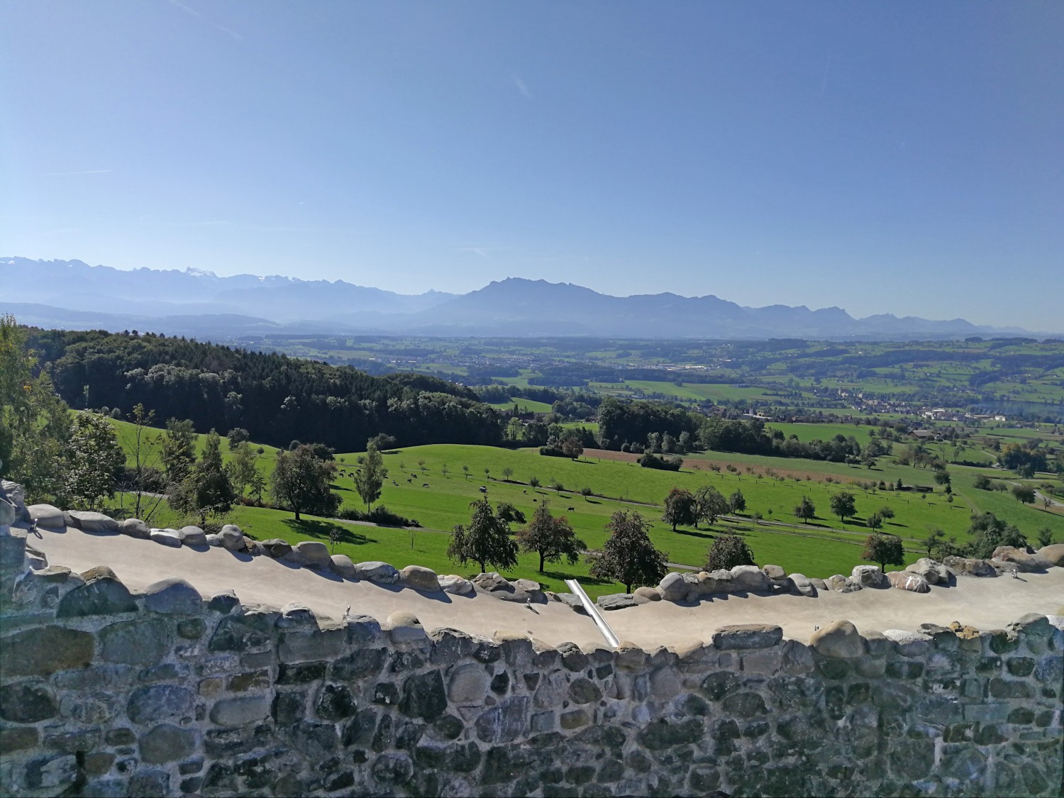 Aussicht von der Burgruine Nünegg in die Voralpen um Pilatus (Mitte) und Titlis (Gipfel mit Schnee links im Bild).